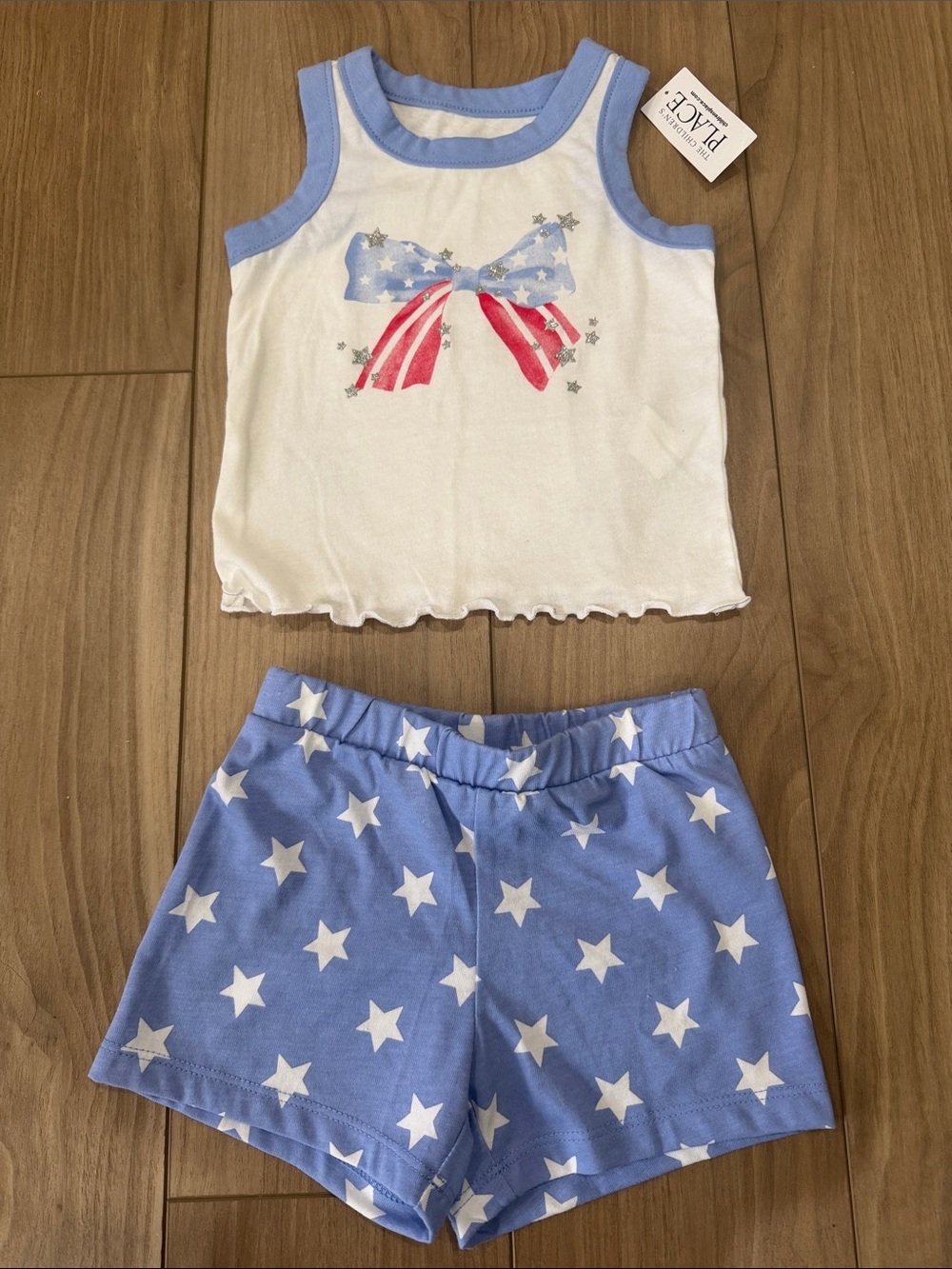 White Tank & Light Blue Star Shorts Set